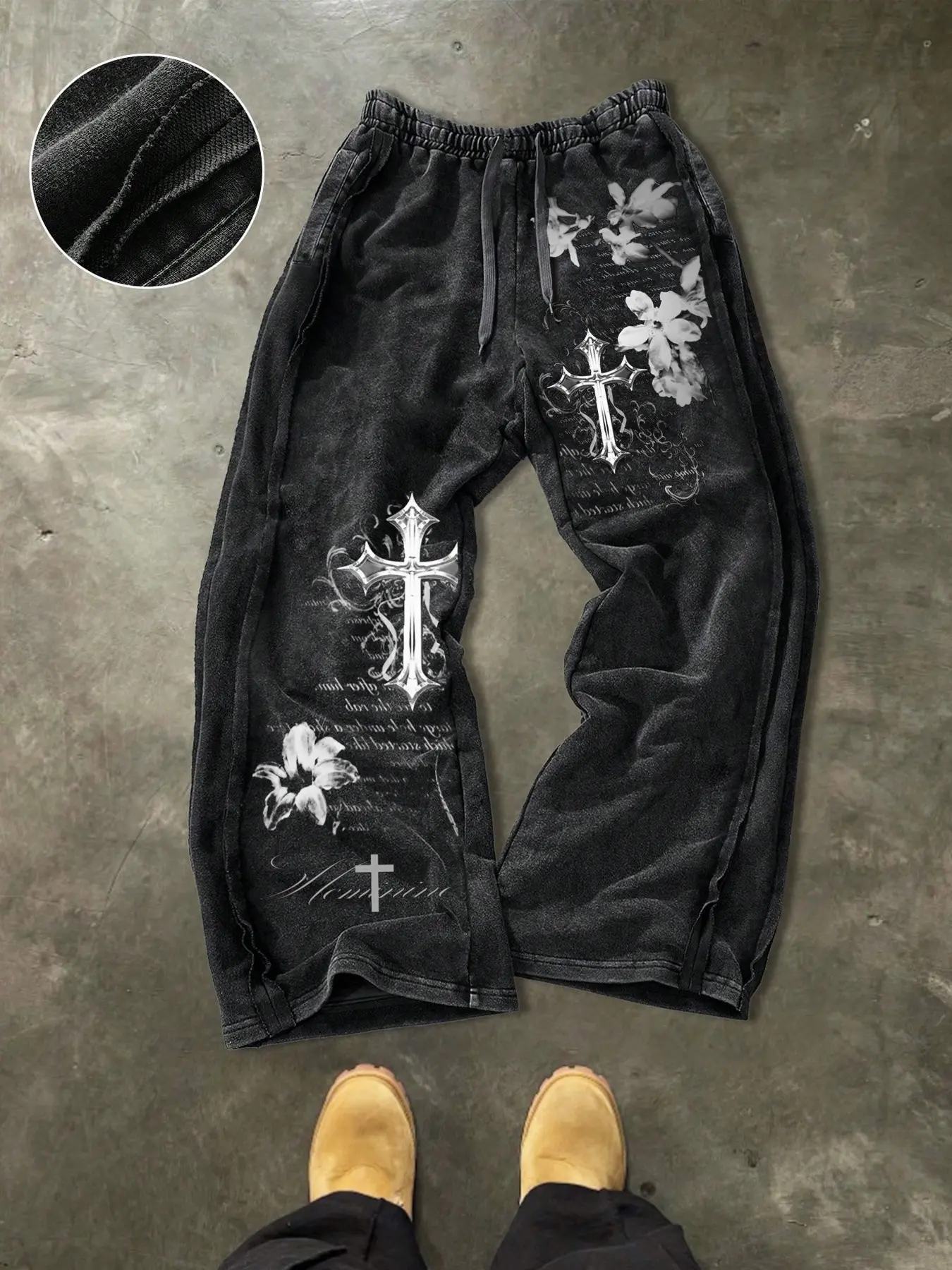 Men's Casual Cotton Sport Pants, Casual Sport Trousers, Cross and Pattern Print, Street Style, Drawstring Waist, Ankle Length, Ideal for Outdoor and Holidays, Drawstring Sports Pants, Casual Sporty Pants