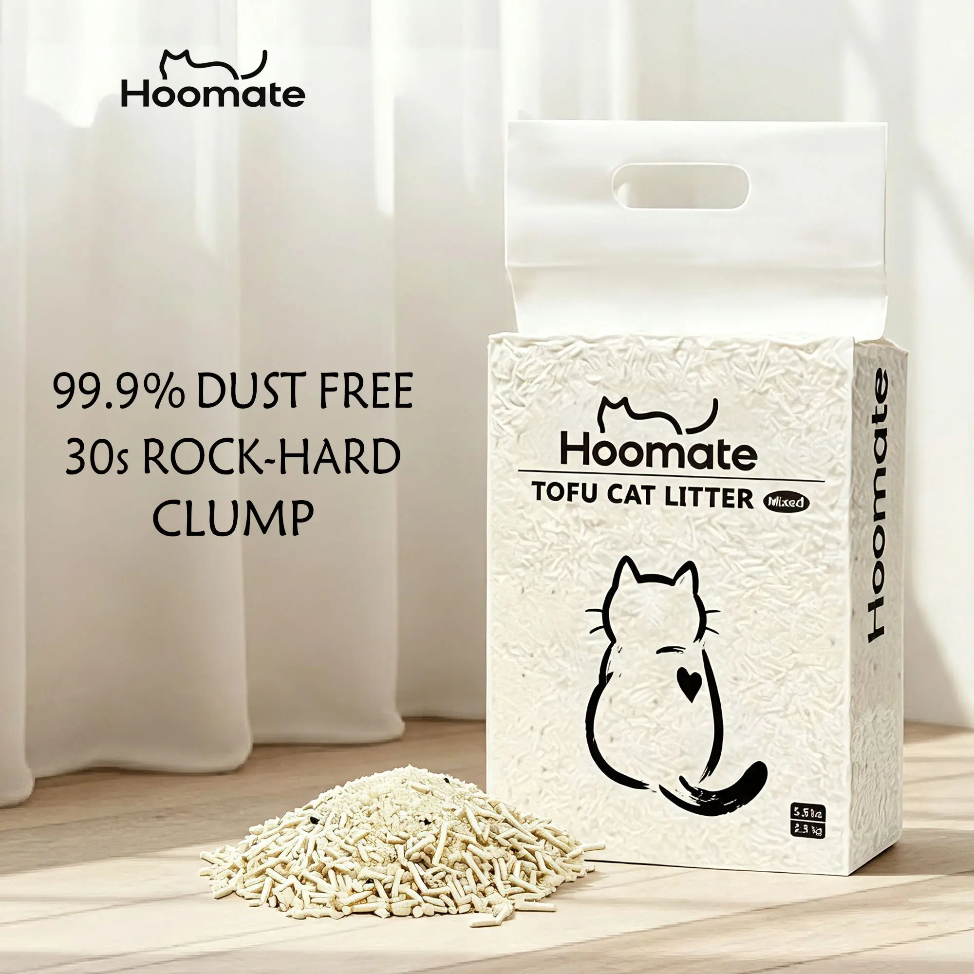 Tired of Dust Clouds? Hoomate Low Dust Plant-Based Tofu & Cassava Cat Litter - 30s Fast Clumping, Flushable, Universal for Sensitive Cats, Reduces Litter Waste