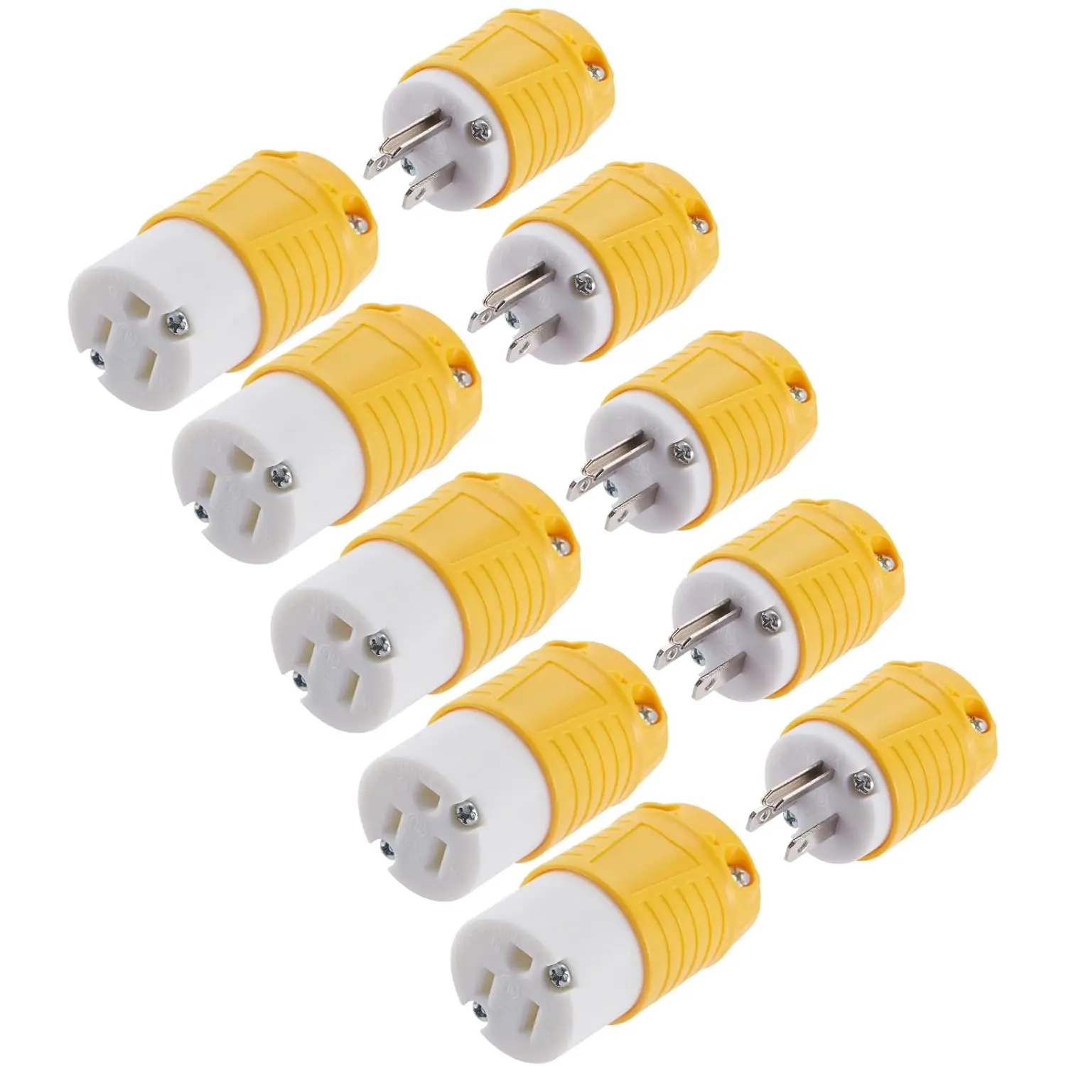 Extension Cord Ends Male and Female 5 Set, 15 Amp 125 Volt NEMA 5-15 Heavy Duty Replacement Plug and Connector Set, Industrial Grade 3-Prong Straight  Grounding Type, 2P 3W ETL Listed