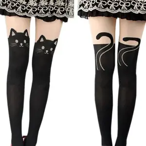 Hot Women Cute Black Cat Printed Silk Knee Socks Casual Thigh Cotton Warm High Over Knee Socks Cute Romantic Socks Lady Cat Birthday Christmas Gift 2025