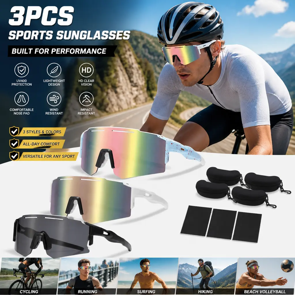 3-in-1 Polarized Sports Sunglasses – Interchangeable Lens Set for Cycling, Baseball, Running – UV Protection, Lightweight Frame, Unisex Design for Men & Women – One Pair, Endless Sports