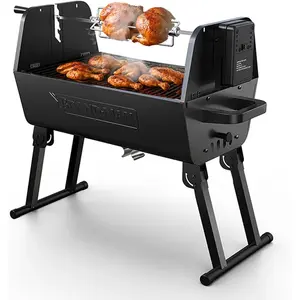 Brand-Man 2-in-1 Charcoal BBQ Grill & Motorized Rotisserie, Outdoor Portable Grill with Spit Roaster for Camping & Tailgating, Foldable, Adjustable Height, Dual Vents