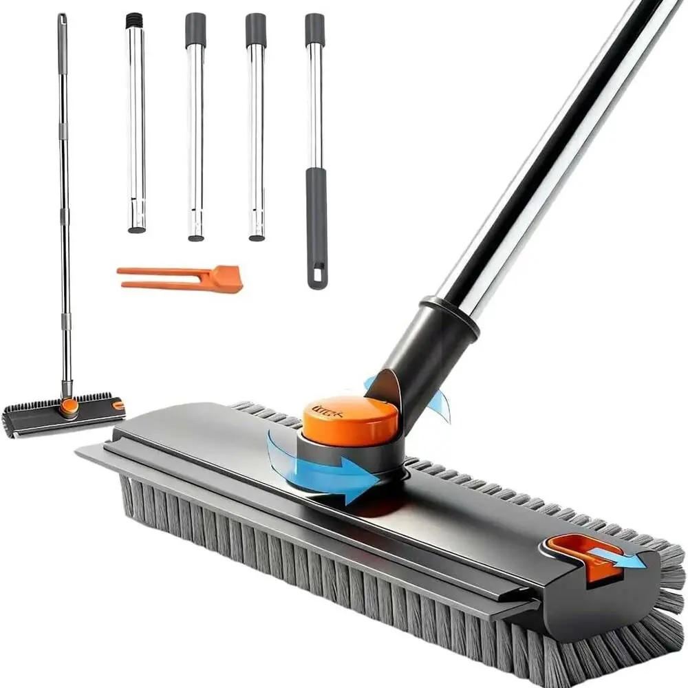Reinforced Heavy Duty 3-in-1 Scraper Broom with Stainless Steel Long Wand, 360° Rotation Large Swivel Head, Extra Dense Rigid Bristles, Squeegee, Magic Eraser Mop Insert for Stubborn Dirt, Grey-Orange Bathroom Deep Clean Gadget