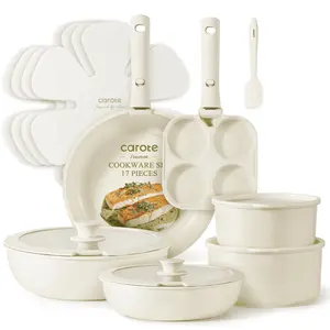 Carote Nonstick Cookware Sets, 17 Pcs Granite Non Stick Pots and Pans Set with Removable Handle