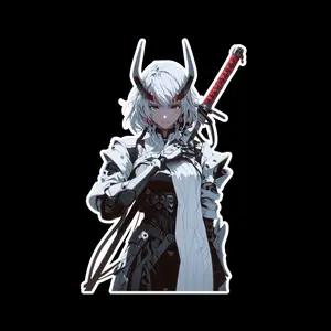 Anime Oni Horn Samurai Girl Sticker, Cyber Samurai Waifu Decal, Dark Anime Style