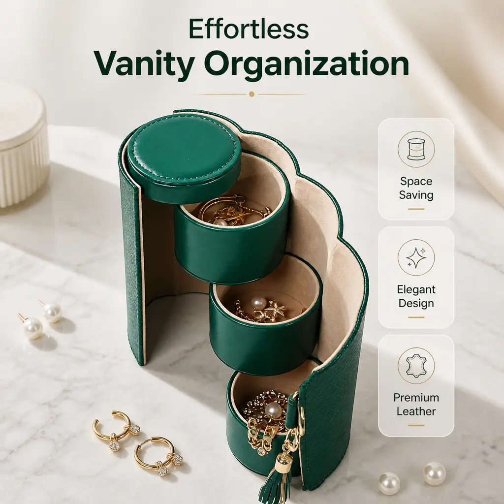 3-Tier Rotating Jewelry Organizer Box with Dustproof Cover - Space-Saving Vanity Storage Case for Rings, Earrings, Bracelets, Necklaces