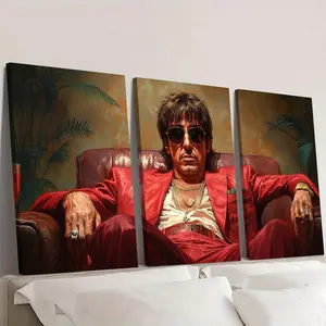 3pcs Framed 2D Flat Canvas Wall Art Print,  Modern Hip Hop Gangster Painting - "The World Belongs to You",  Recycled Wood Frame, Contemporary Wall Decor for Living Room and Bedroom, Living Room