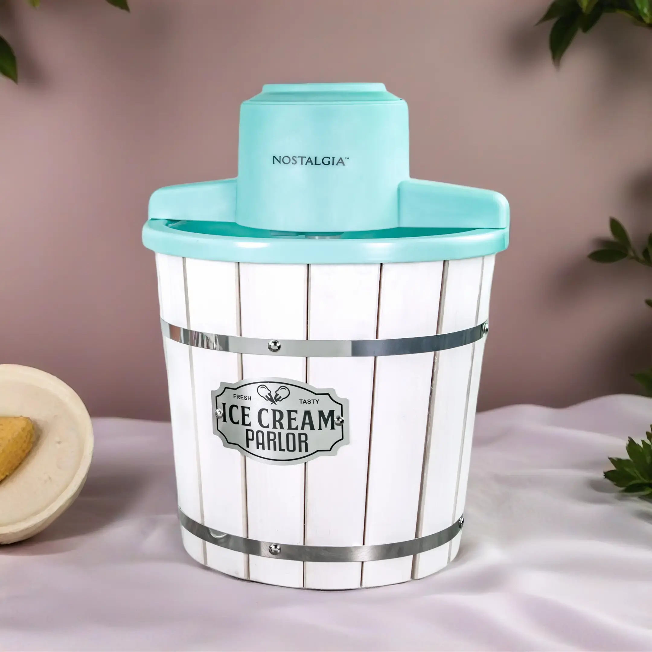 Nostalgia 4-Quart Parlor Wood Bucket Electric Ice Cream Maker - White & Aqua