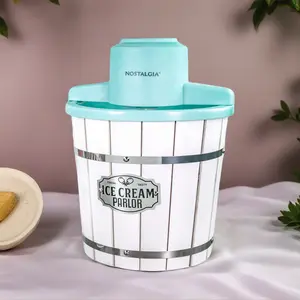 Nostalgia 4-Quart Parlor Wood Bucket Electric Ice Cream Maker - White & Aqua