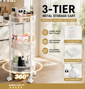 3-Tier Foldable Rolling Cart, Collapsible Metal Utility Cart with Wheels, No Assemble, Multifunction Storage Organizer Trolley for Kitchen, Bathroom, Dorm, Nursery, White