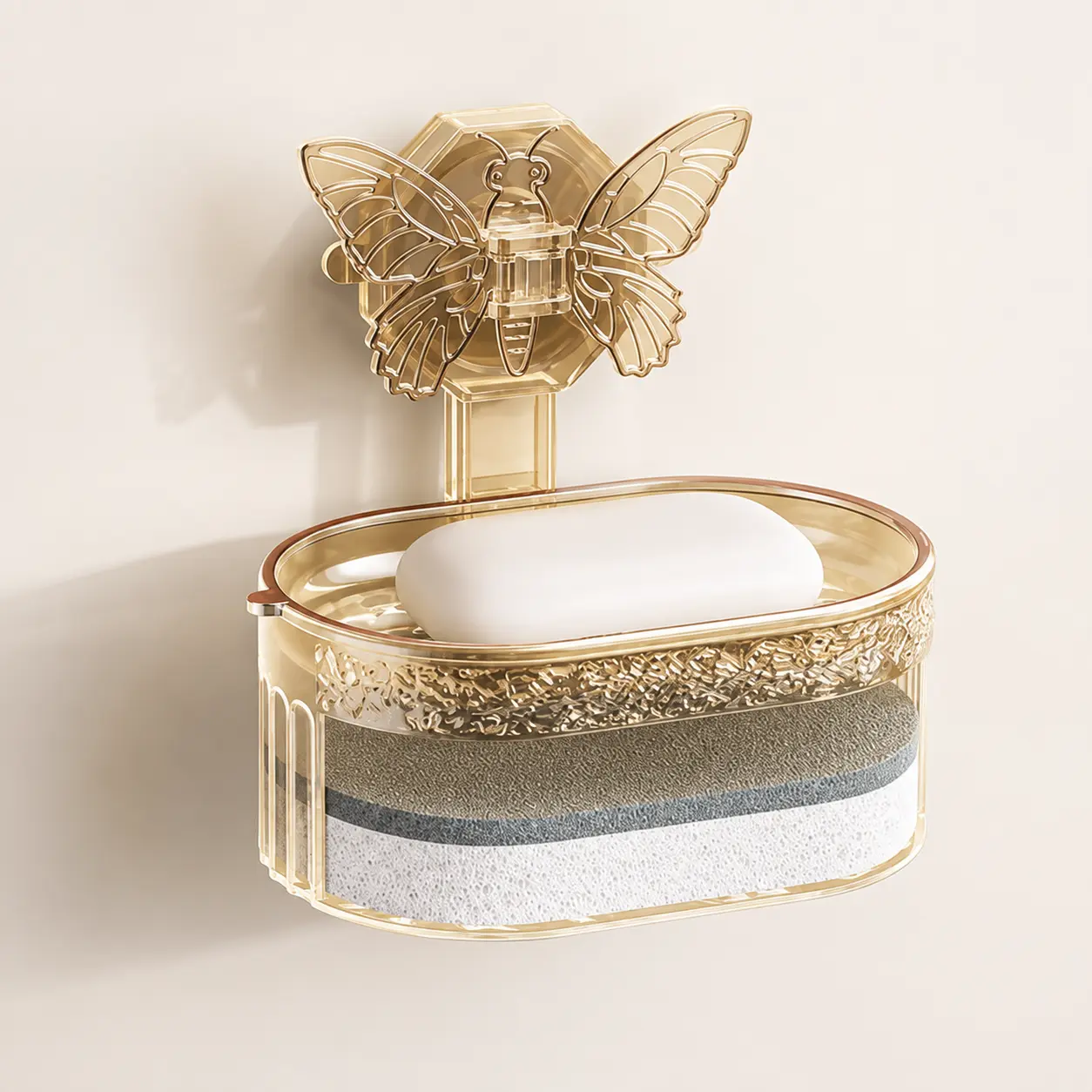 Butterfly Wall Mounted Soap Dish, No-Drill Suction Cup Bar Soap Holder with Self-Draining Tray and Sponge, Quick-Dry Shower Soap Saver for Bathroom Sink
