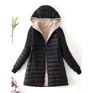 1pc Women'S Casual Midi Puffer Jacket with Hood, Long Sleeve, Solid Color, Polyester, Zipper Detail, Warm Fleece Lining, Regular Sleeve, Woven - Autumn/Winter Collection