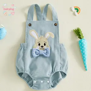 Easter Baby Bunny Suspender Bodysuit - Vibrant Light Blue Corduroy Romper, Breathable Soft Fabric, High Value Holiday & Photo Outfit