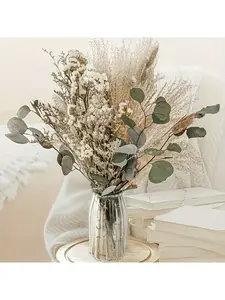 45/90pcs Dried Flower Bouquet with Eucalyptus & Pampas Grass, 17" Neutral Boho Floral Arrangement for Vase, Farmhouse Home Decor, Wedding Centerpiece, Table Decor, Bedroom Shelf Gift,summervibes