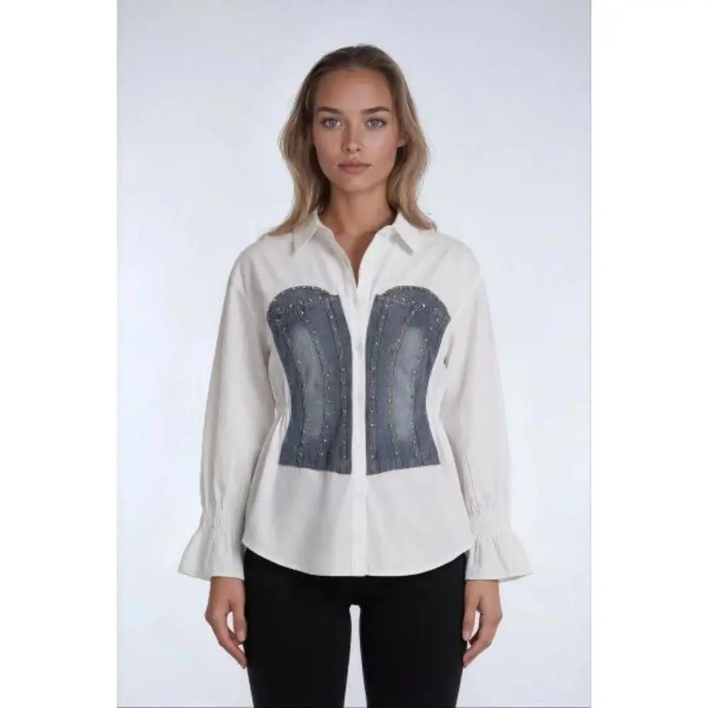 Forever 21 Women's Poplin Faux Denim Corset Blouse
