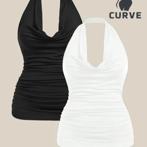 Plus Size Women's Summer Plain Crinkle Drop Shoulder Halter Top, Casual Loose Fit Sleeveless Blouse, Elegant Ladies Fashion Clothing, Halter Neck Strappy