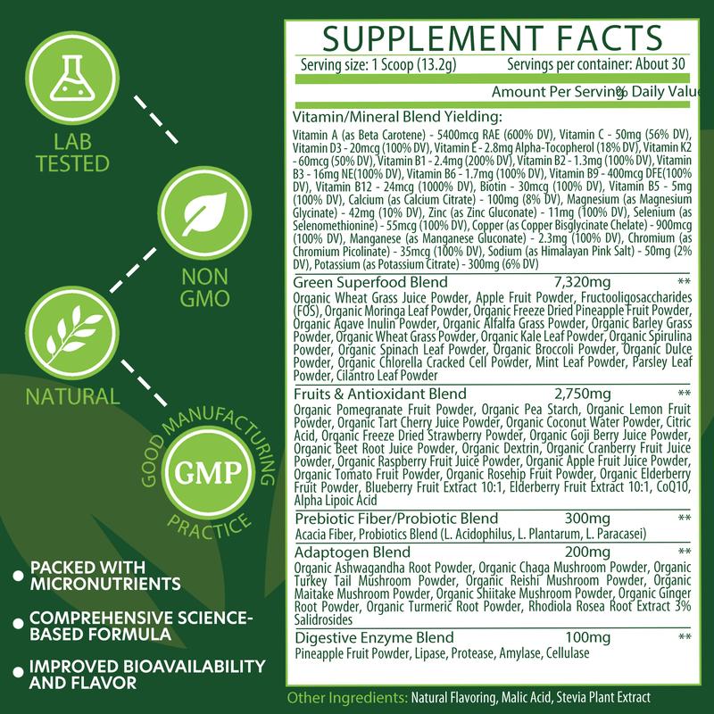 ETANATURE Superfoods & Greens Powder – Organic Blend with Wheatgrass, Spirulina, Probiotics, Enzymes & Adaptogens for Energy, Immunity & Gut Health – 396g Supplement