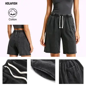 Holafish Unisex Acid Washed Vintage Shorts Casual Relaxed Fit Drawstring Waist Beach Streetwear Cotton Breathable Beige Oversized Shorts
