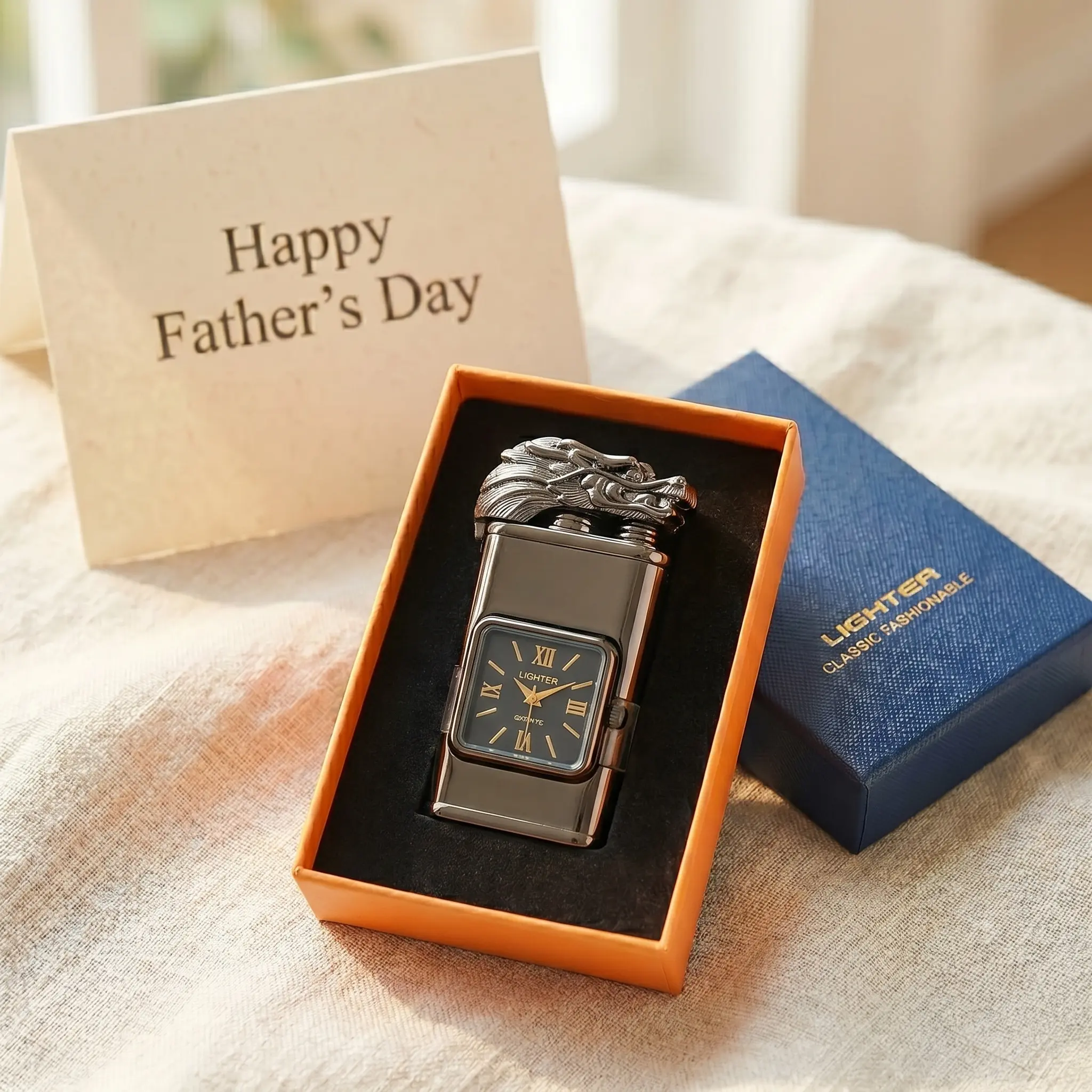 2-in-1 Luxury Metal Watch Lighter with Gift Box - Premium Dragon Head Dual Flame Torch, Refillable, Visible Window (Shipped Empty) - Men's Accessories, Unique Father's Day Christmas Gifts for Dad Husband Him Retro Windproof