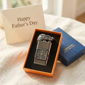 2-in-1 Luxury Metal Watch Lighter with Gift Box - Premium Dragon Head Dual Flame Torch, Refillable, Visible Window (Shipped Empty) - Men's Accessories, Unique Father's Day Christmas Gifts for Dad Husband Him Retro Windproof