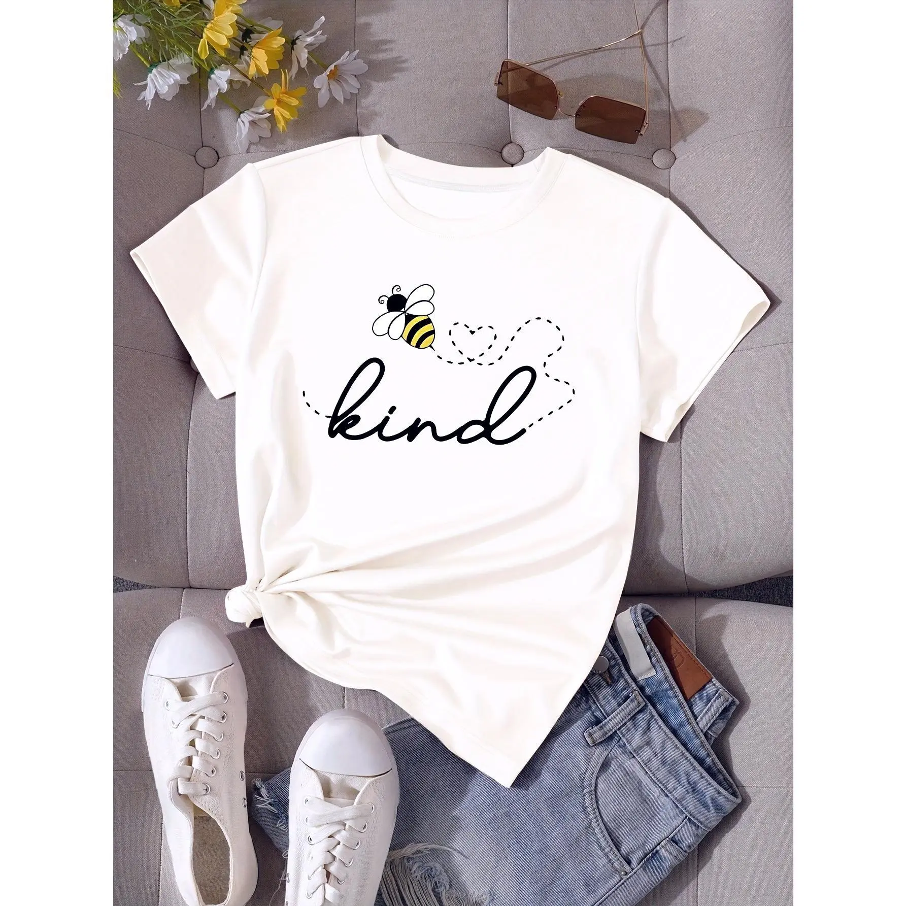 Women  Kind Letter and Bee Print T-Shirt - 100% Cotton Casual Crew Neck Short Sleeve Top, Breathable Summer Style, Micro Stretch Design for Everyday Wear