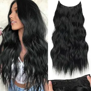 ￼ SummerVibes AISI HAIR 16/20/24 Inch Invisible Wire Synthetic Halo Hair Extensions Clip-On Long Wavy Hairpiece for Women Black Secure 4 Clips