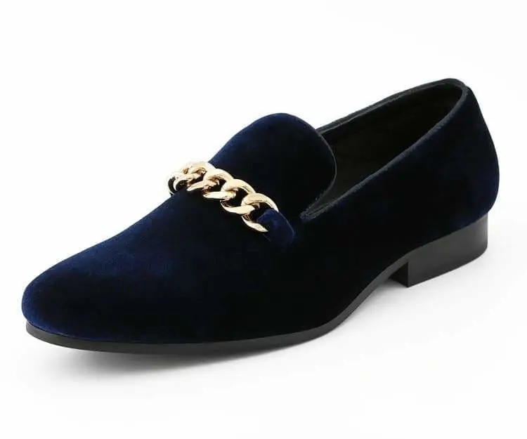 Amali Fay Mens Velvet Loafers With Gold Chain Ornament Slipon Fashion Smoking Slippers Comfort Footwear