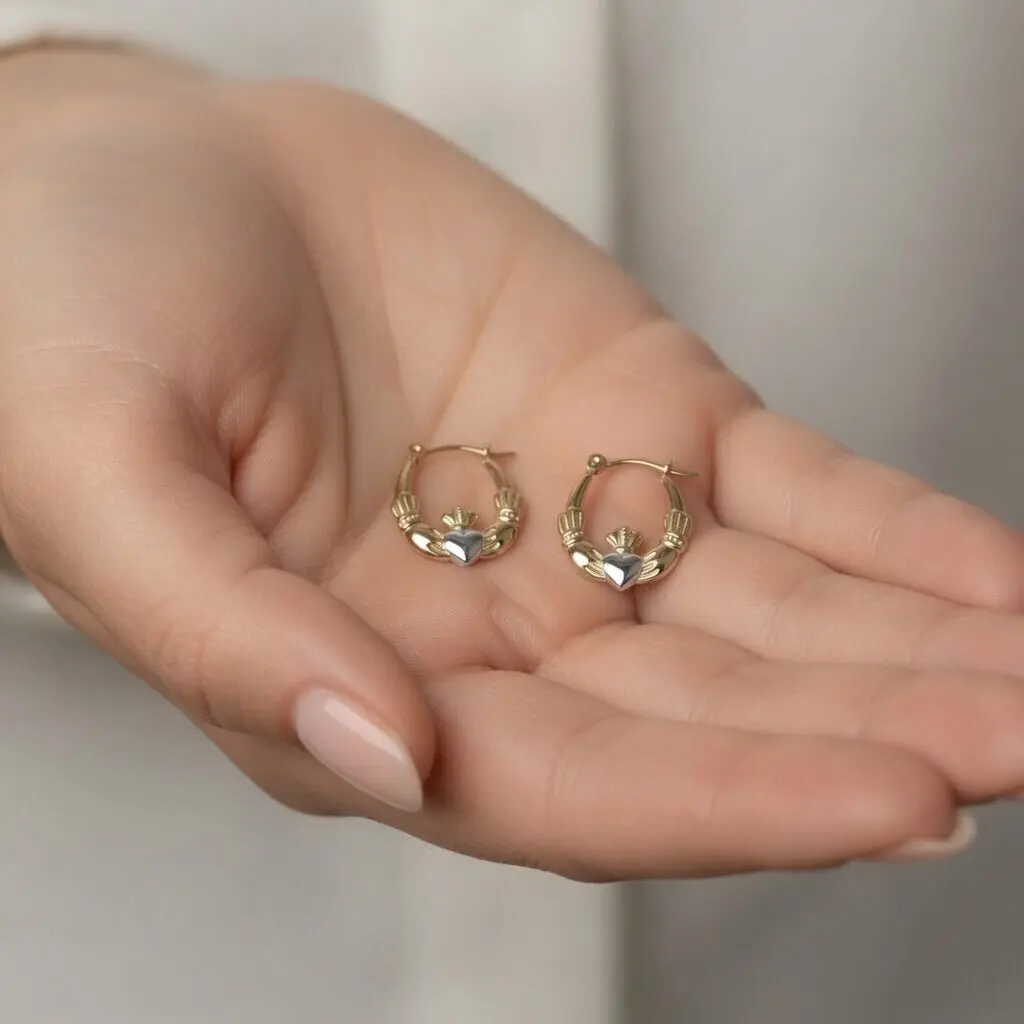14K Real Yellow Gold Claddagh Hoop Earrings, 18mm