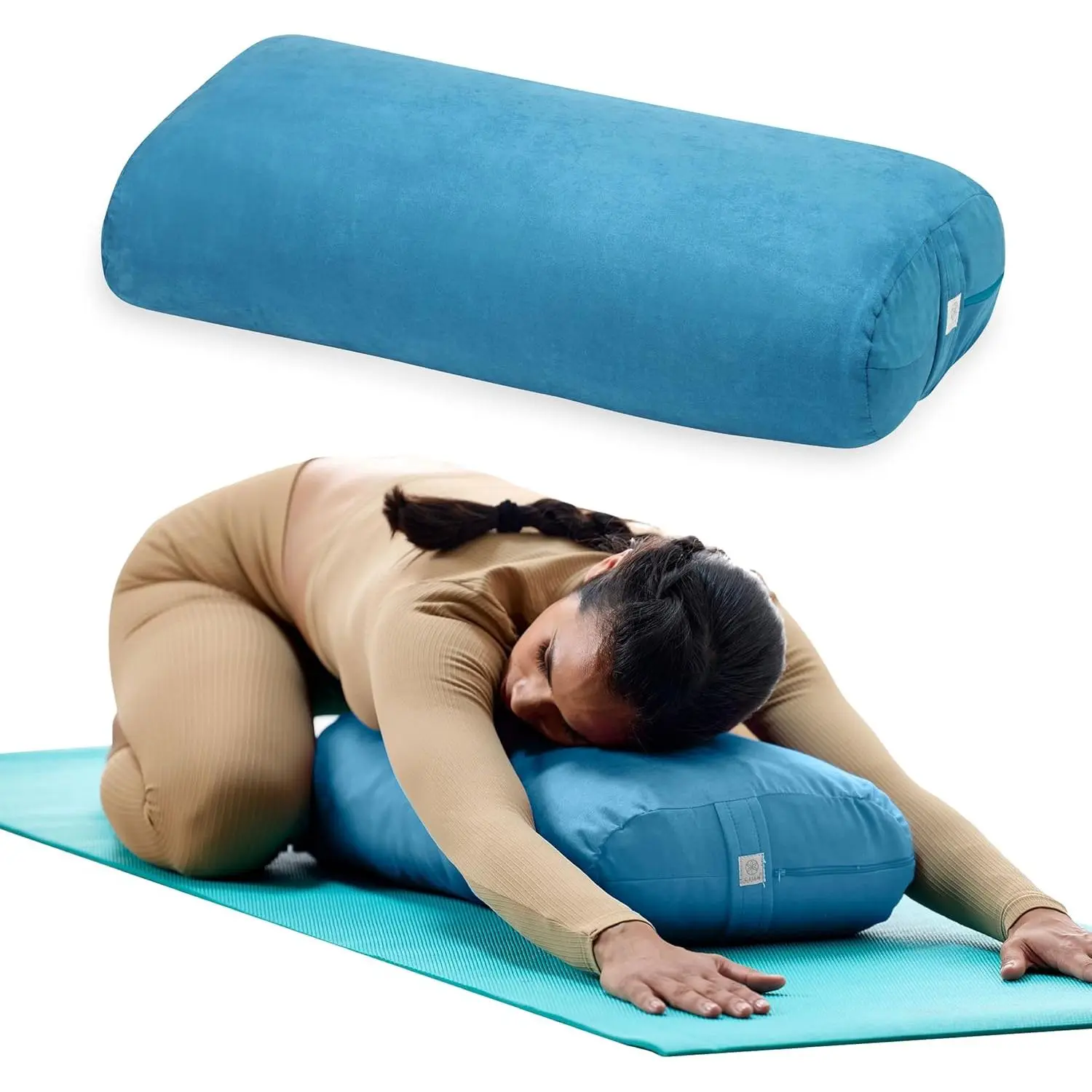 Round Yoga Bolster Pillow, Soft Meditation Cushion for Yoga, Massage and Back Support, Breathable Cotton Fill, Zippered Microfiber Cover, Easy-Carry Handle, Machine Washable