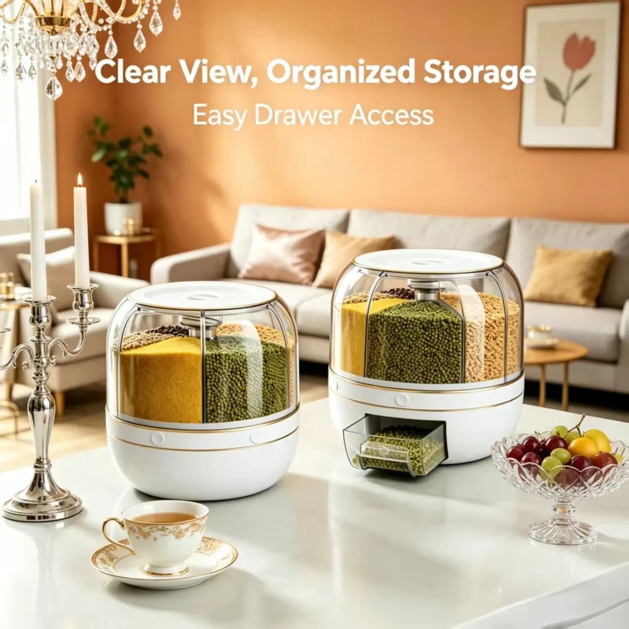 360° Rotating   moisture proof  Grain Storage Container for Home Kitchen Countertop, Segmented 6-Segment Sealed Sliding Drawers Dry Food Organizer Box with Utensil Storage Function, Segmented Drawers