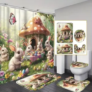 1/4pc Easter Decor Shower Curtain Set features a fun and cute bunny design, a non-slip mat, a U-shaped rug, and a toilet seat cover. Perfect for bathroom decoration, partitioning, and beautifying the space. Includes 12 shower curtain hooks.
