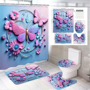 1/4pcs Bathroom Curtain Set 4 Pieces - Pastel Butterfly Flower Shower Curtain with Matching Toilet Cover & 2 Mats, Whimsical 3D Floral Design, Soft Pink Purple Blue Heart Shaped Decor for Valentine's Day, Easter, Spring Bathroom Decor, Perfect for