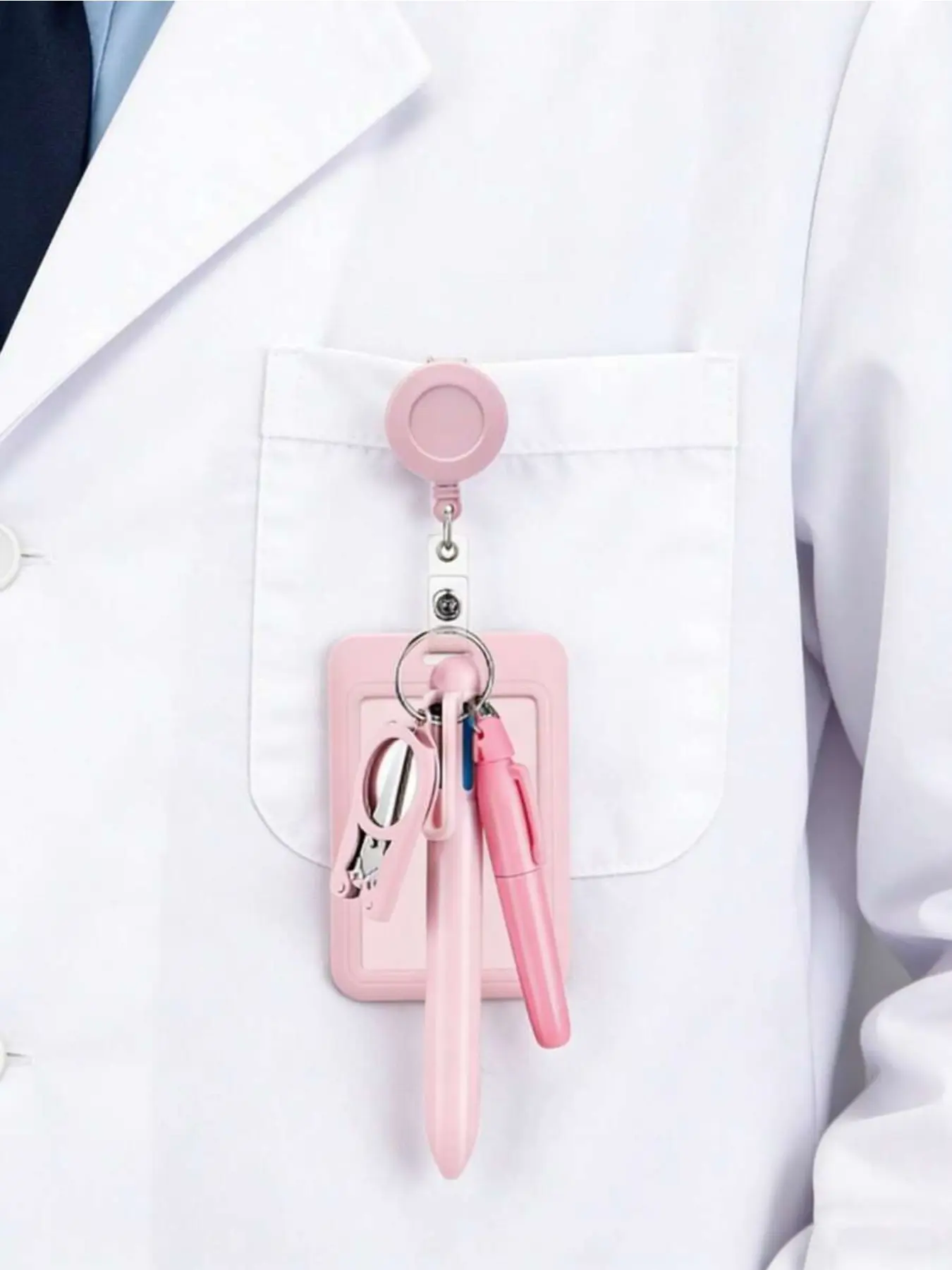 2d Macron Color System Portable Stationery Set For Hospital Doctors And Nurses, With Folding Scissors For Cutting Gauze, Retractable Zipper Badge Holder, Refillable Ballpoint Pen, Highlighter Pen, And Unisex Id Card/Business Card Set.