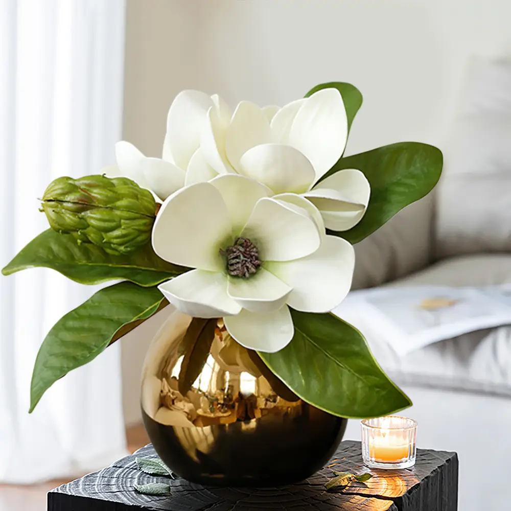 Homary Bouquet-Shaped Faux Magnolia Fake Flower Arrangement in 8.7"-Height Gold Glass Ball Vase Set, Contemporary Washable Indoor-Only Bedroom Decor (Includes Vase)