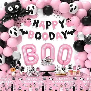 Halloween Birthday Party Decorations, Pink Black Halloween day Party Supplies with Ghost Balloons Happy Boo day Banner Cupcake Toppers for Halloween Day Decorations