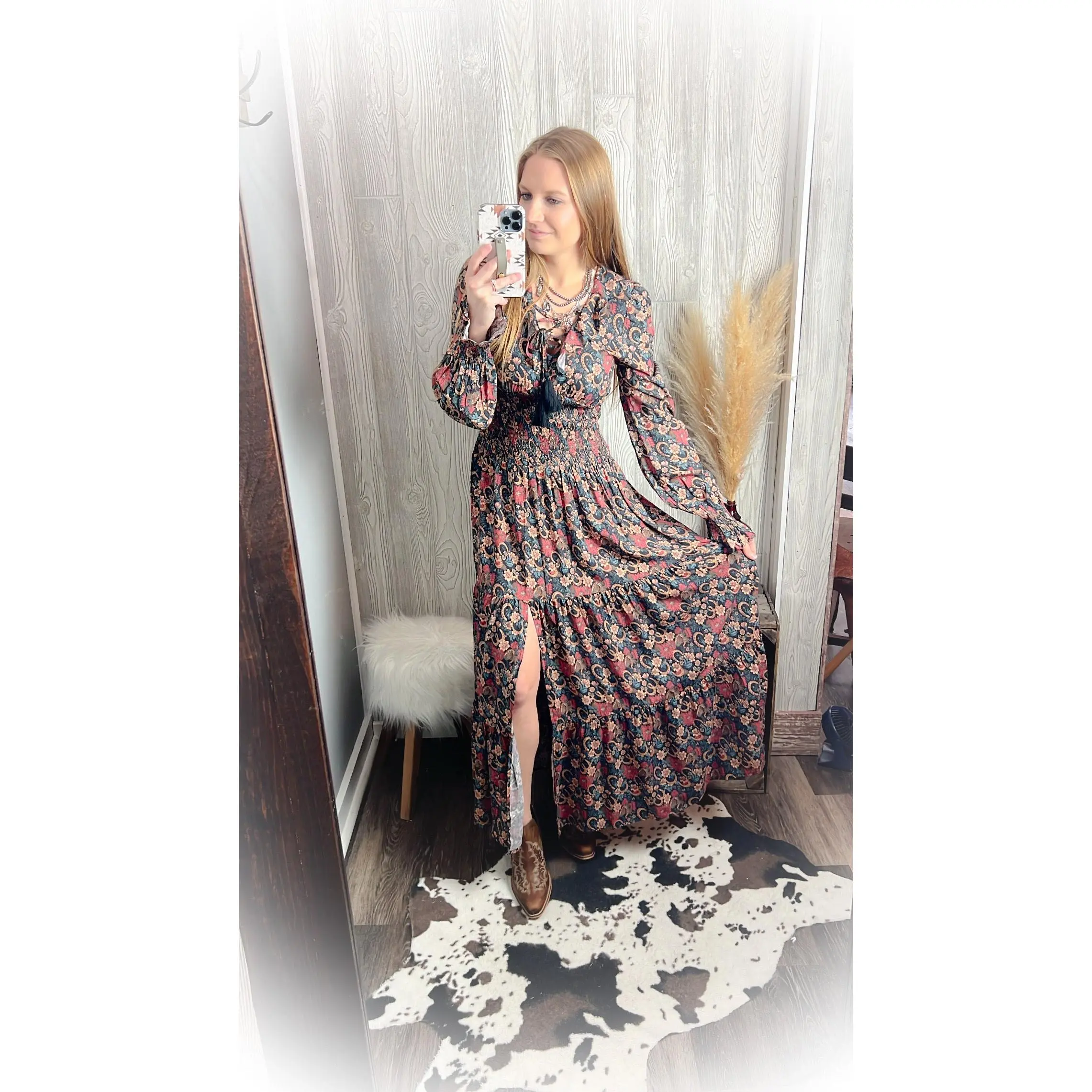 Navy Floral Horseshoe Western Dress