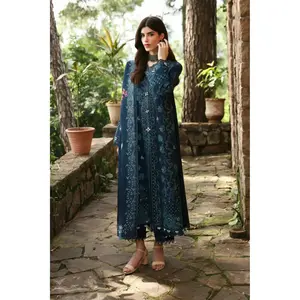 Qalamkar Navy Embroidered