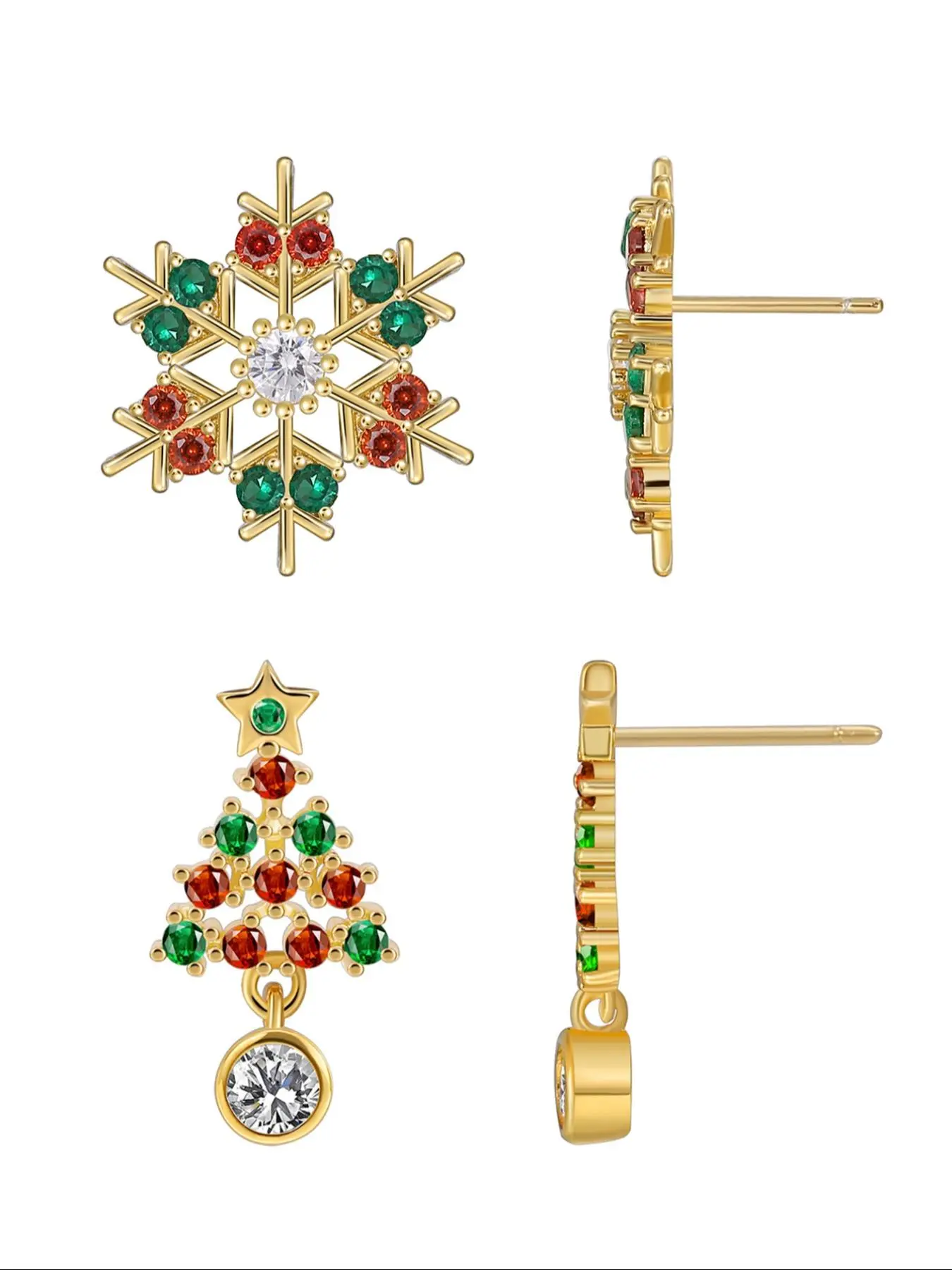Women's Elegant Rhinestone Decor Snowflake & Christmas Tree Design Earrings, Exquisite Trendy Stud Earrings, Chic Gorgeous Jewelry As Gift for Girlfriend