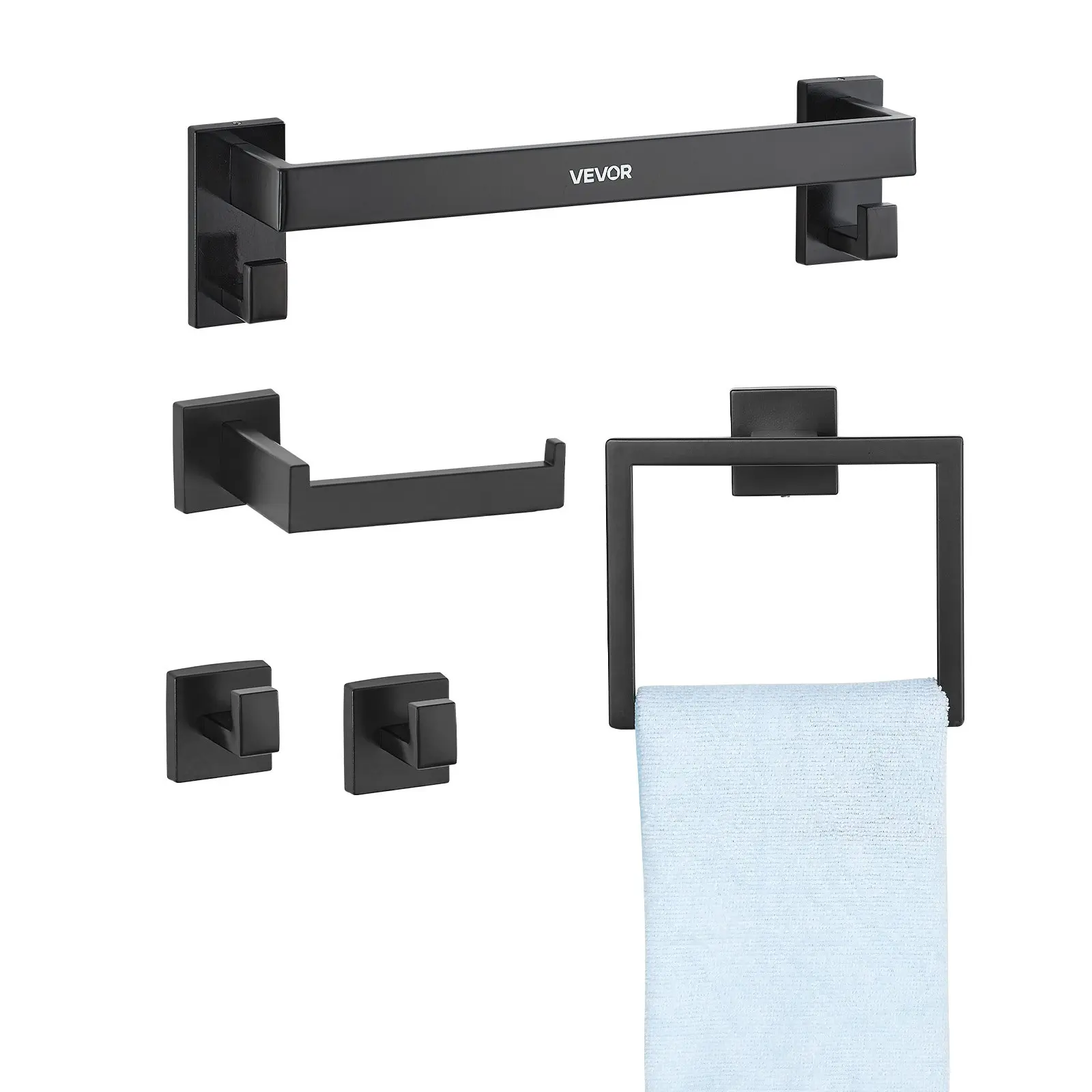 VEVOR Matte Black Bathroom Hardware Set, 5 Pieces Bathroom Accessories Set, Stainless Steel 16 inch Towel Bar, Towel Rack, 2 Robe Towel Hooks, Toilet Paper Holder for Bath Room, Wall Mounted