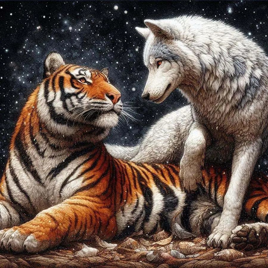 5D DIY Full Diamond Round Drill - Diamond Painting Kit Diamond Art Tools Tiger and Wolf Meeting Mosaic Canvas DIY Wall Art, Home Wall Decoration