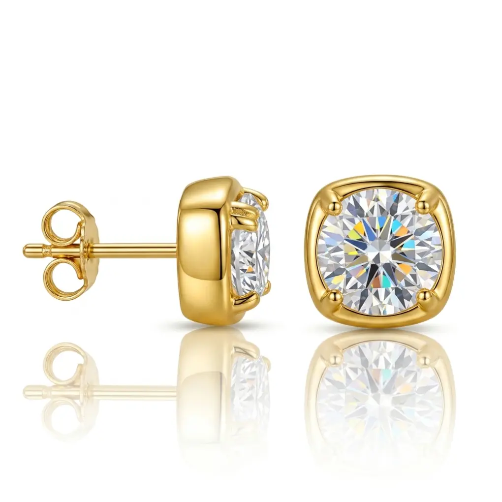 1ct Gold Moissanite Square Bezel Stud Earrings S925 Silver Post 14K Gold Plated Hypoallergenic Everyday Party Wedding Wear for Women Wife Mom Anniversary Birthday Gift