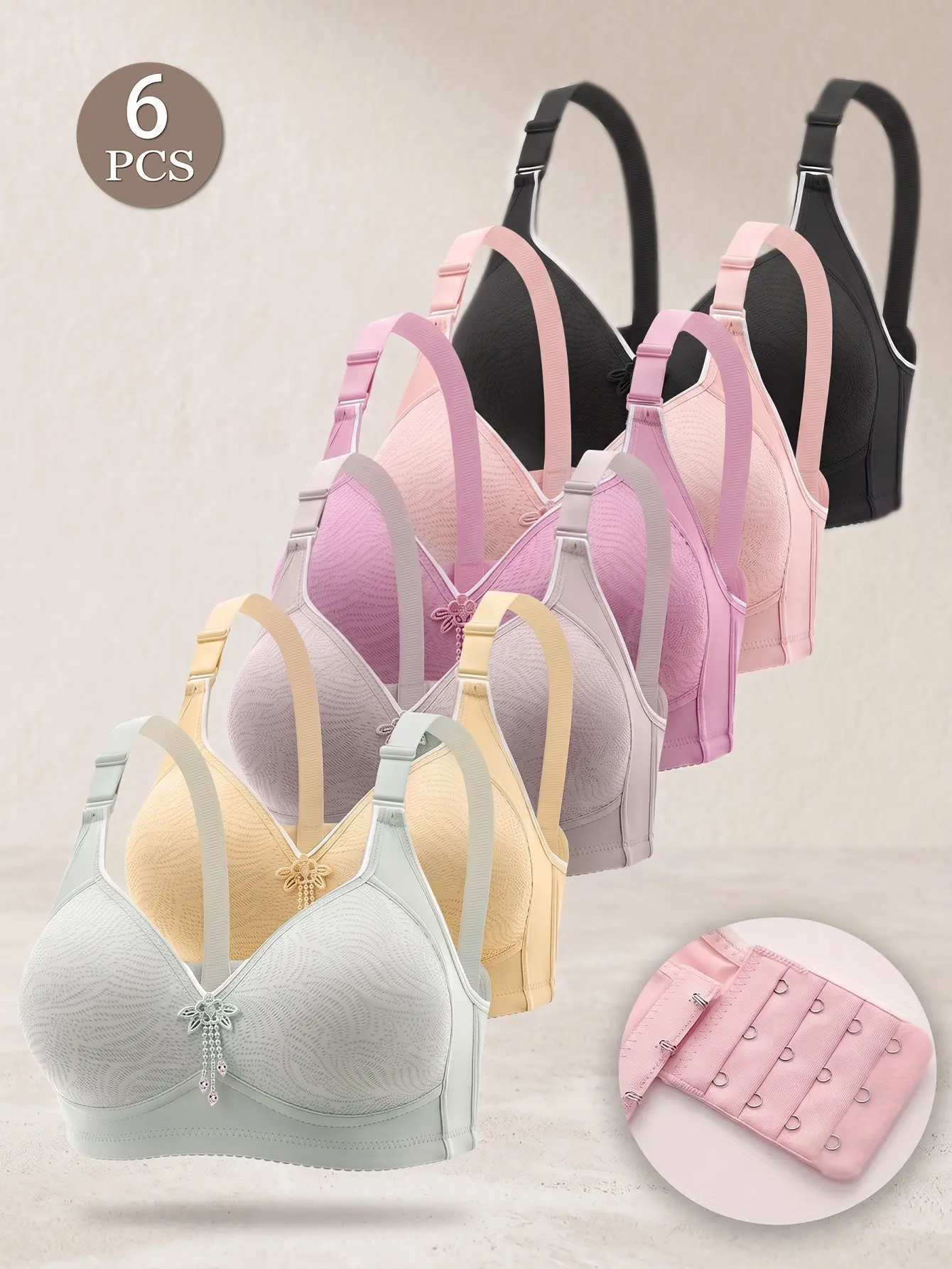 Skin-friendly breathable wire-free bra, full coverage push-up design for side bulges, adjustable back hook-and-eye closure with multiple levels, versatile women’s lingerie set, available in 6 colors