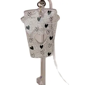 Silver Glitter Resin Cup Key Chain with Black Vinyl Hearts - Sparkling Coffee Cup Design for Keys and Bags