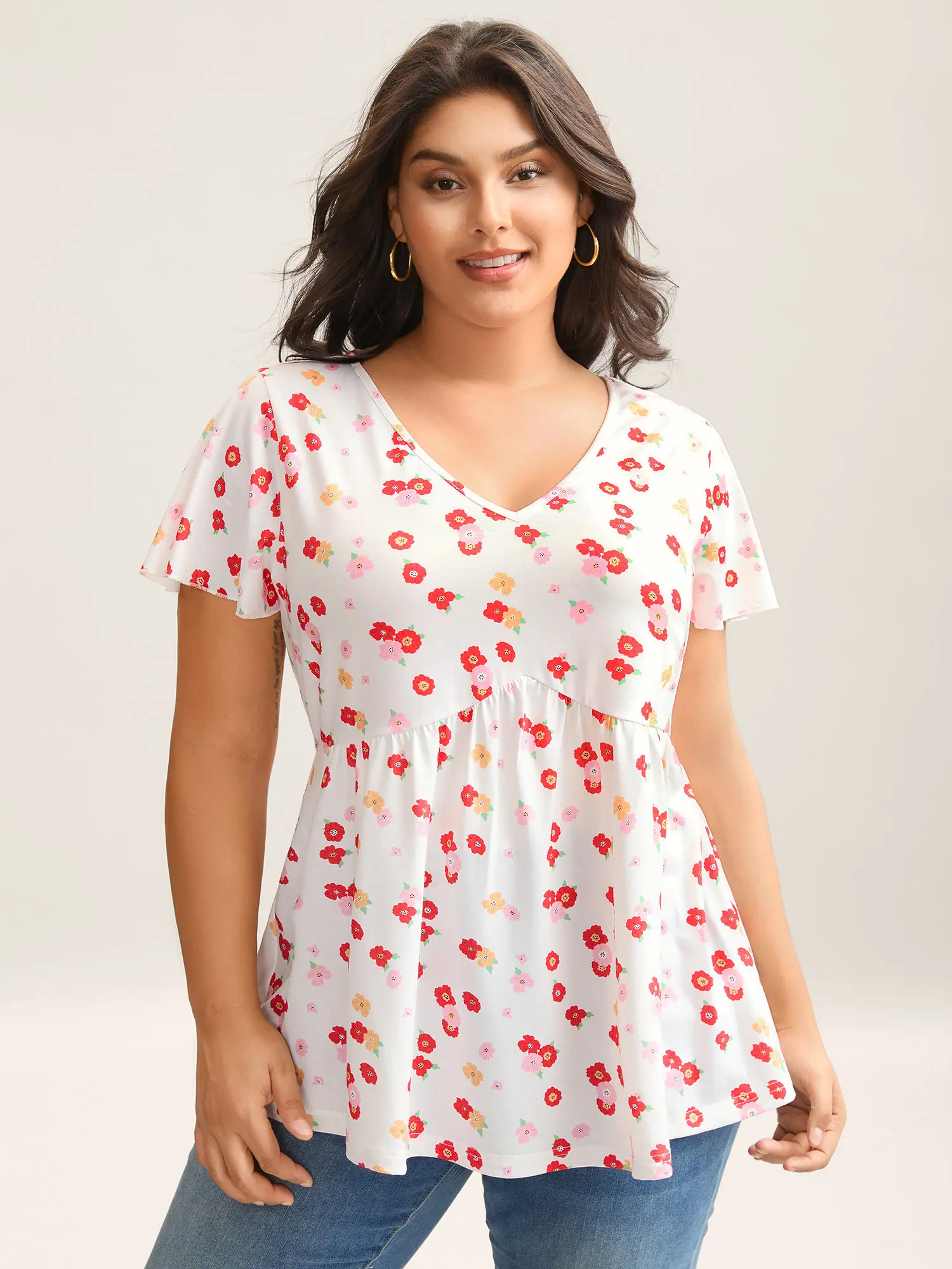 Women's Original Ditsy Floral Blouse - Plus Size Soft Fabric Sheer Babydoll Style, V-Neck Cap Sleeves Comfortable Top Piece,Summerfinds