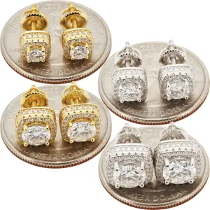 Moissanite 925 Sterling Silver 14k Gold Vermeil 0.91-4.65ctw 7-12mm Square Halo Screw Back Stud Earrings