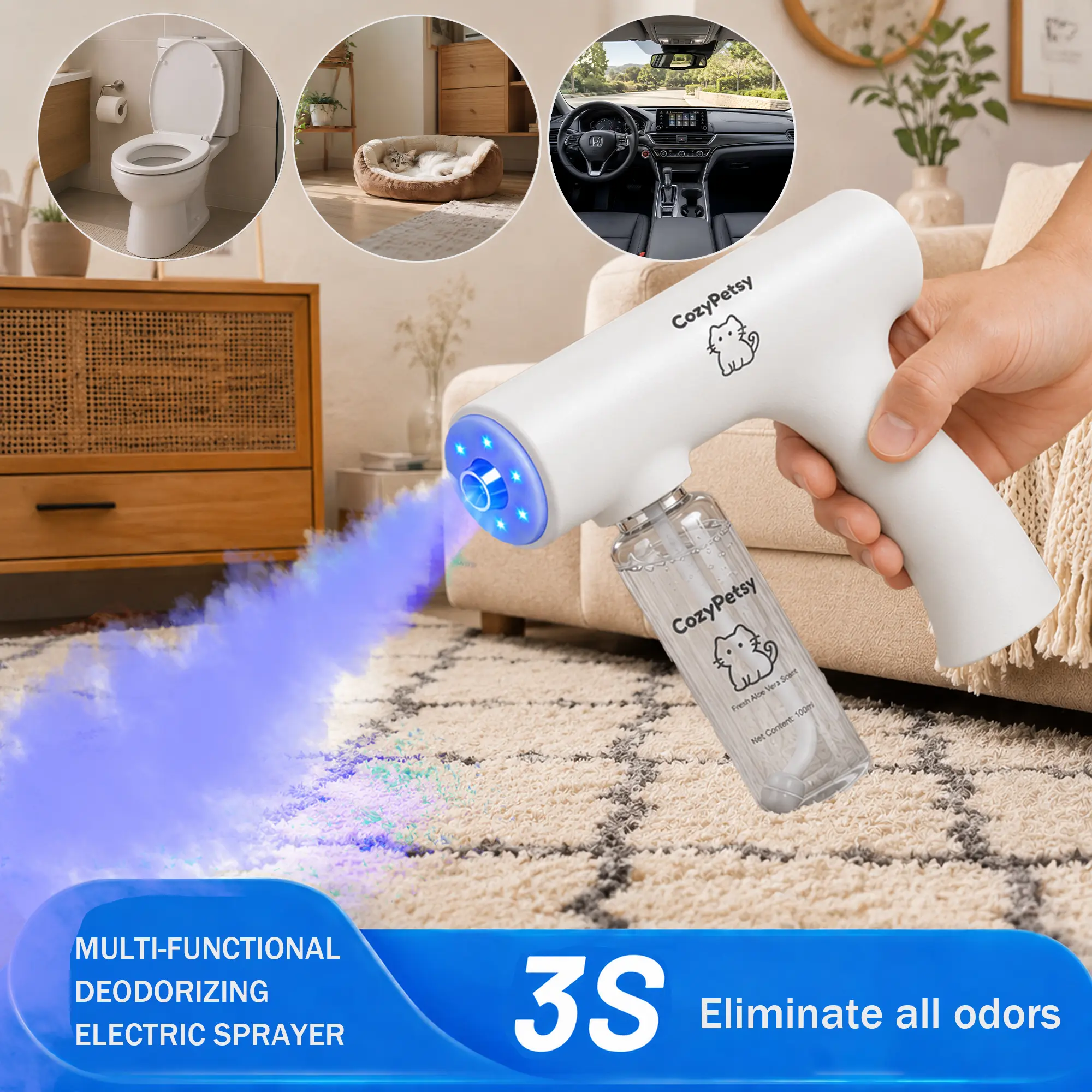 Blue Light Odor Eliminator Spray Gun Kit, Multi-Purpose Deodorizing Spray for Smoke, Toilet Odor, Pet Odor and Urine Odor, Helps Break Down Pet Urine, Bio-Enzyme Formula, Pet Friendly, Safe if Licked Cleaner