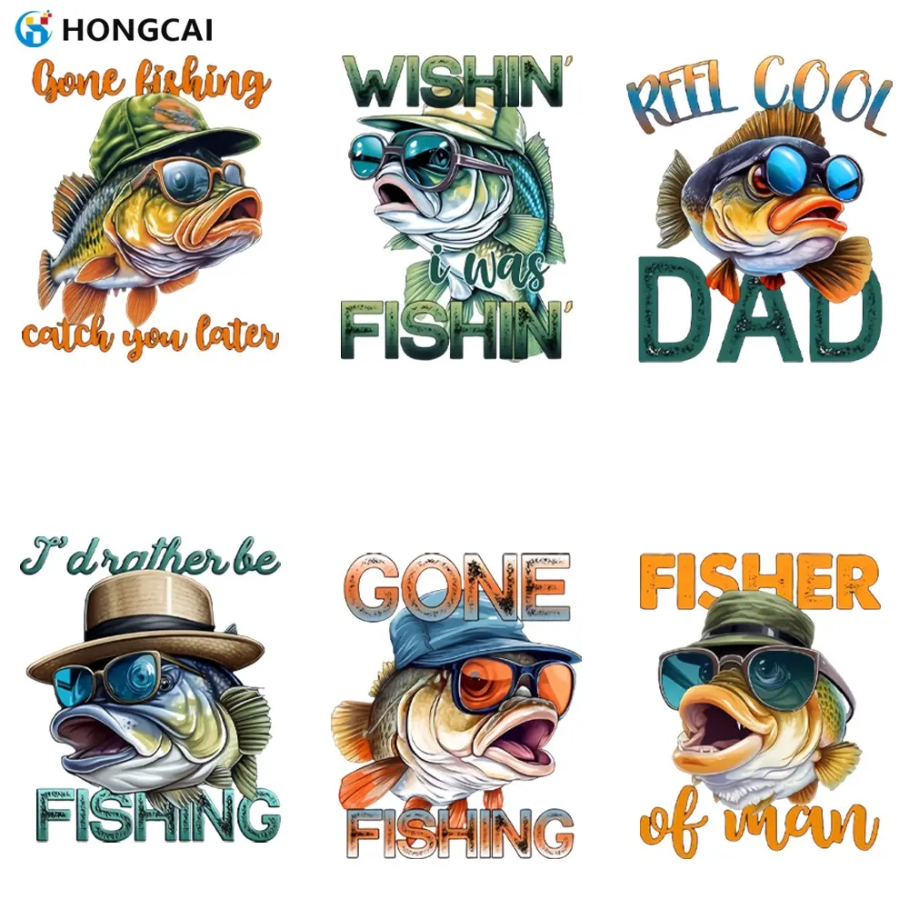 6 Piece Fun Fishing Iron-On Stickers, Latest Design for Clothing, DIY Crafts Heat Transfer Print for T-Shirts, Jackets, Jeans, Craft Supplies