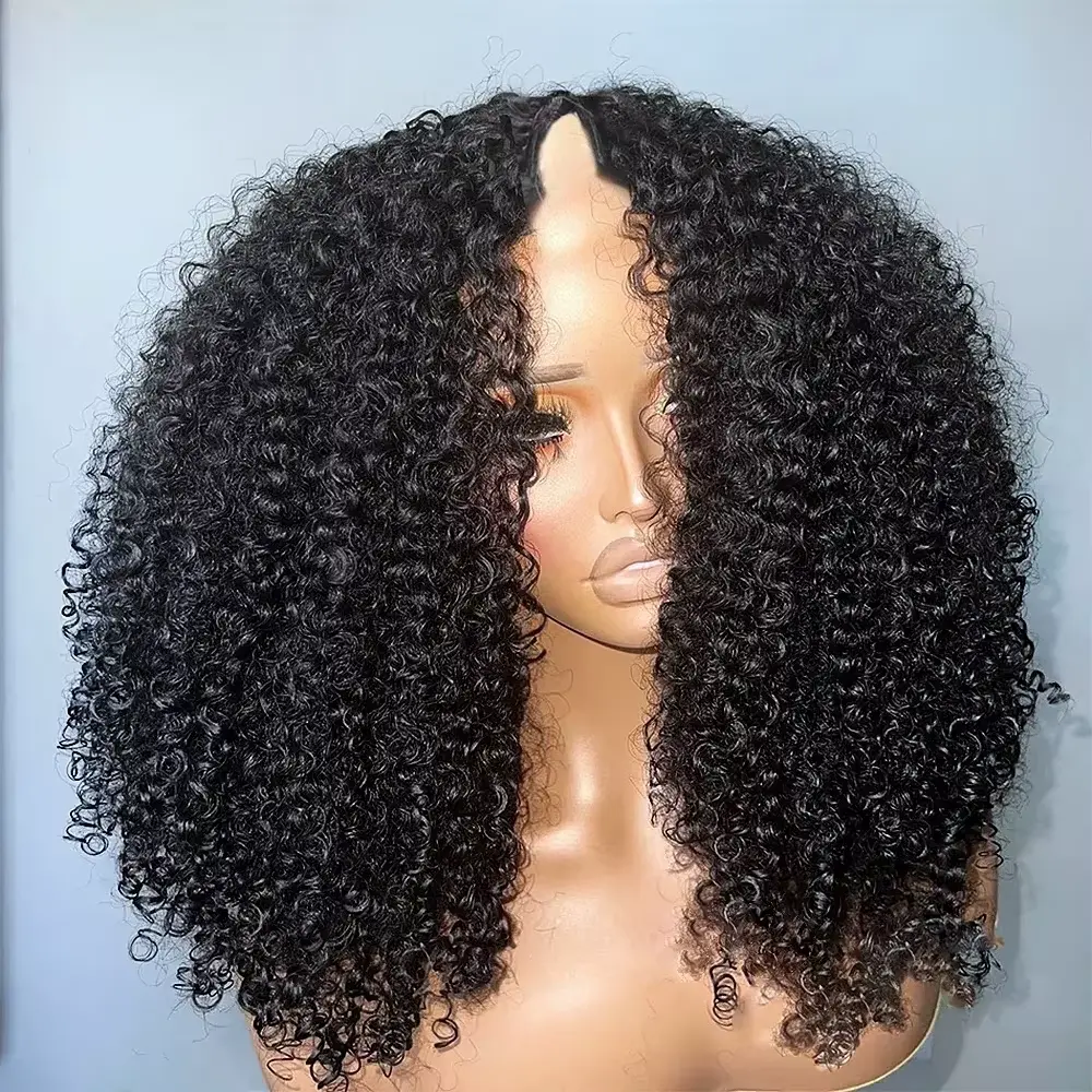 SUKI ORIGINAL Afro Kinky Curly V Part No Leave Out Human Hair Wig 250% Density Brazilian Human Hair Wigs For Black Women Adjustable Clips Ready-to-Wear
