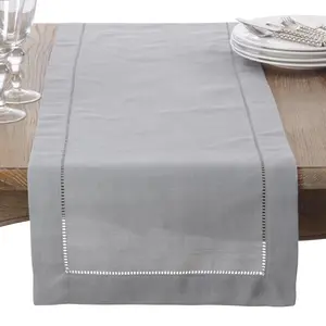 SARO  16 x 72 in. Rectangle Classic Hemstitch Border Table Runner Grey