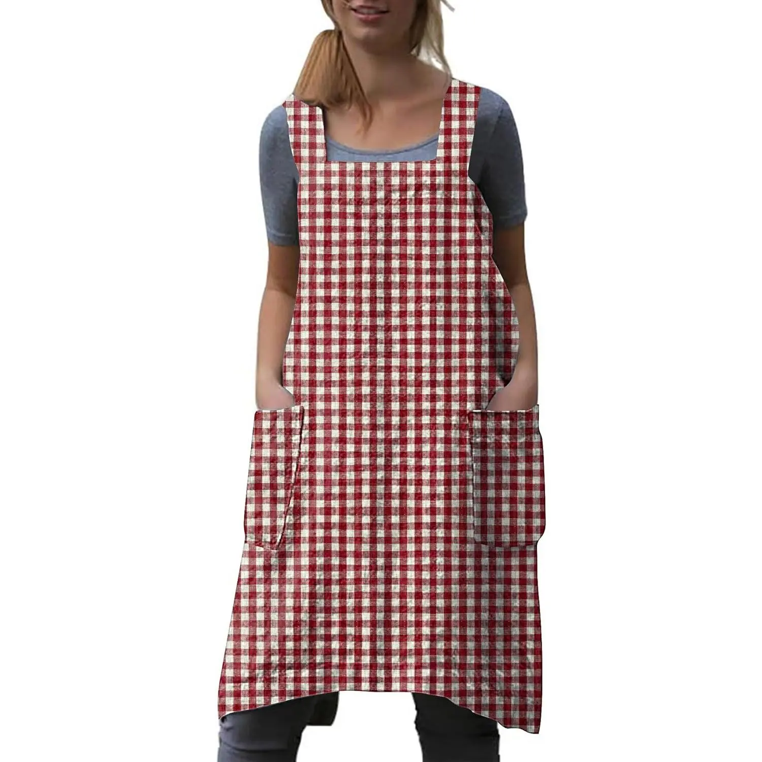 Women's Classic Gingham Cotton Cross-Back Pinafore Apron - Casual Minimalist, 2 Large Pockets, Drawstring, Breathable Polyester-Blend, Athletic Workwear for Cooking/Gardening, Year-Round Use